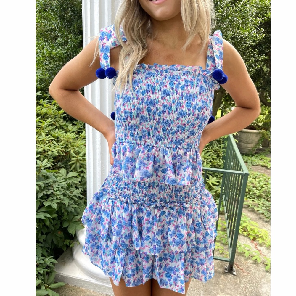 Blue/ Pink Floral Mini Ruffle Dress with Pom Pom Details
